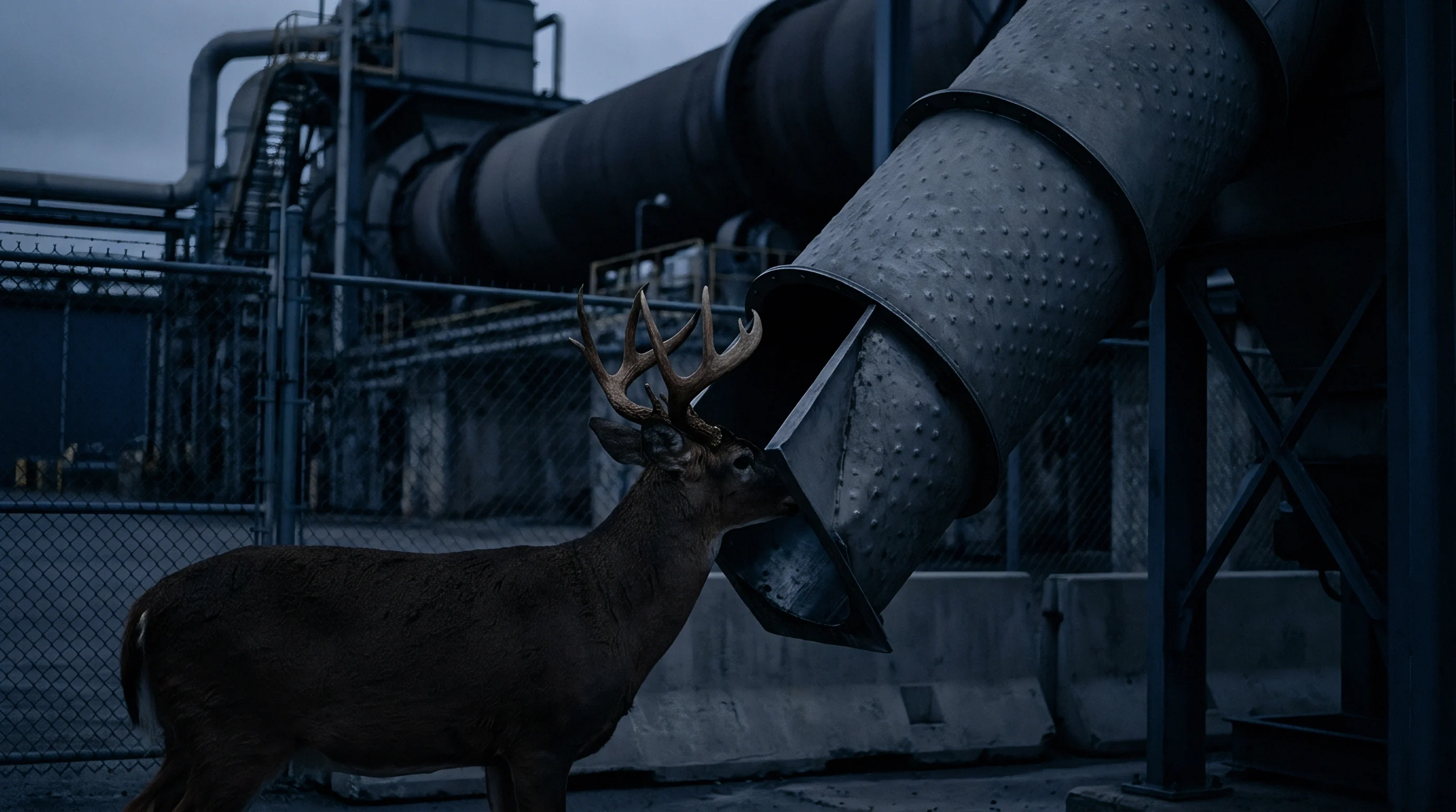 A horned deer investigates a large metal industrial duct positioned inside a fenced heavy manufacturing facility perimeter under an overcast twilight sky.