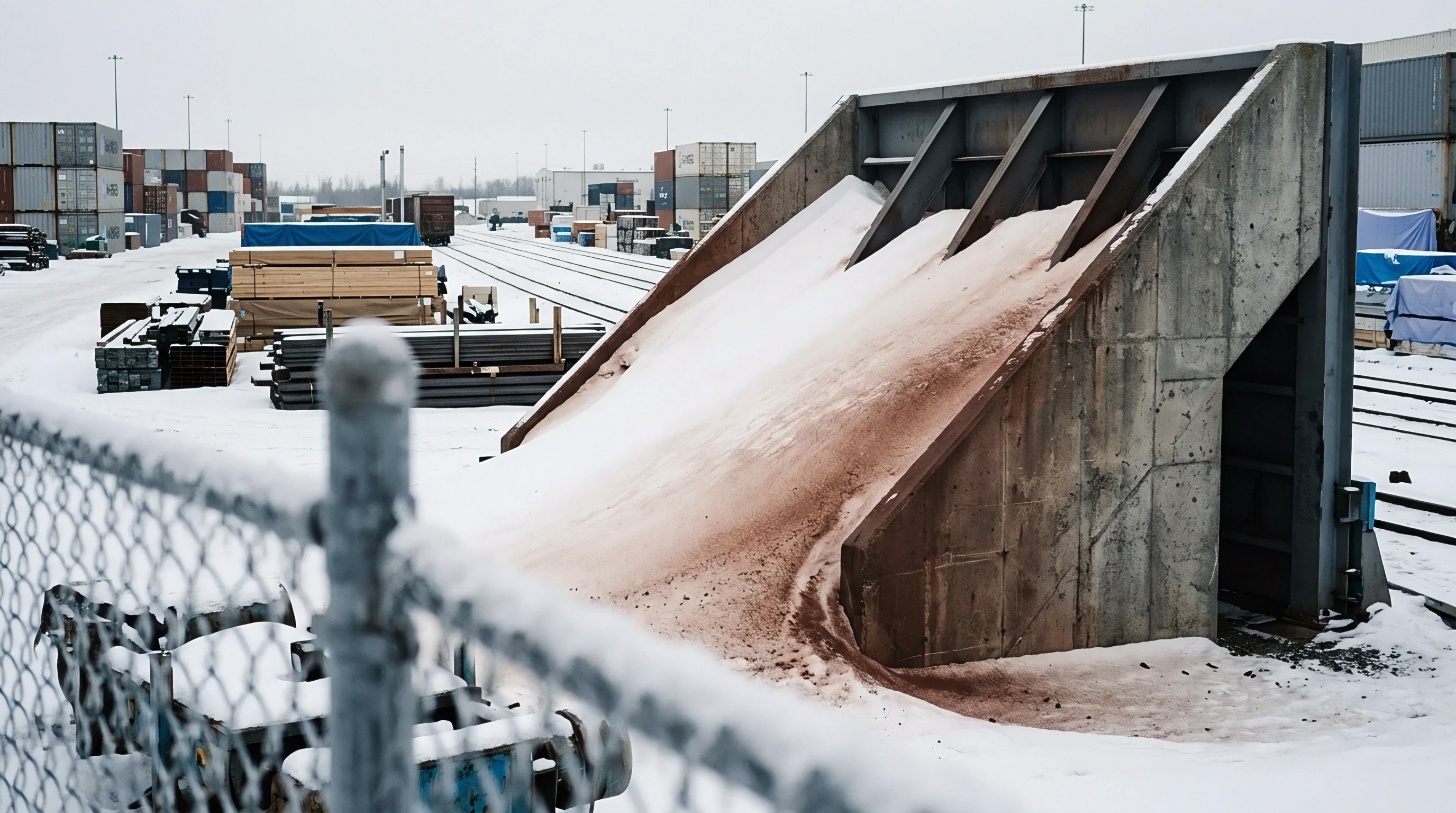 Reddish mineral aggregates spill from a concrete and steel retaining structure onto a snow covered industrial yard near rail tracks and shipping containers.